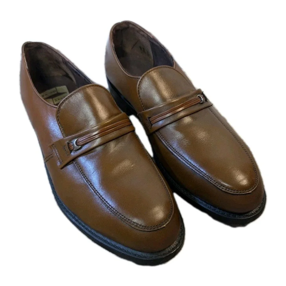 US9 Knapp Shoes Cushioned Comfort BROWN LEA FORMAL DRESS LOAFERS Goodyear Vintag